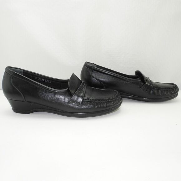 SAS Tripad Comfort Black Leather Loafers Moc Toe Wedge - Women's Size 8 Narrow - Picture 2 of 7